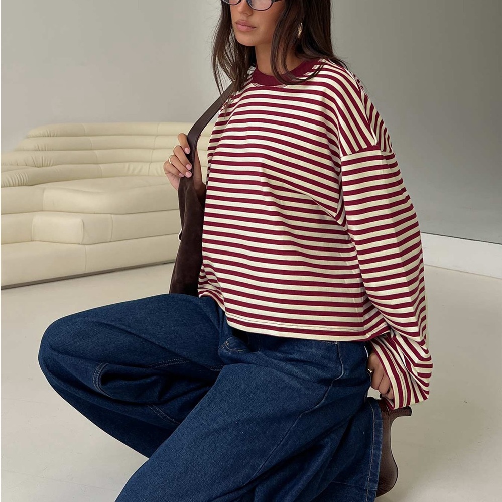 Lioness Burgundy and White Striped Long Sleeve Tee